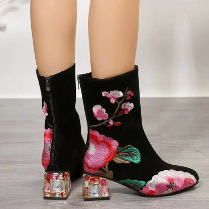 Floral Embroidered Ankle Boots - Women's Rhinestone Winter Block Heels Handbags The