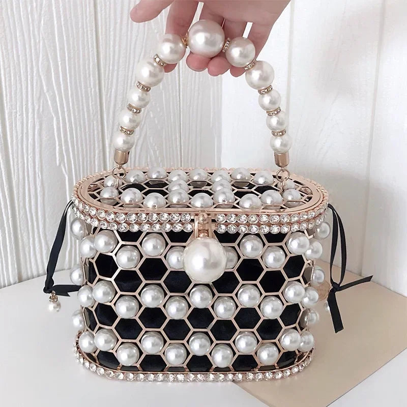 Pearl Accent Evening Clutch - Women's Elegant Handbag for Weddings & Parties Handbags The