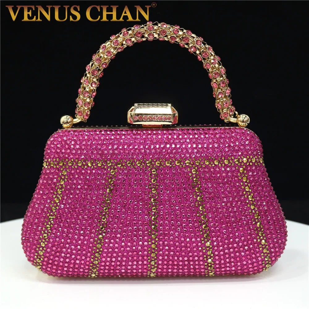 Diamond Minaudiere Clutch - Women's Rhinestone Evening Bag with Chain Strap Handbags The