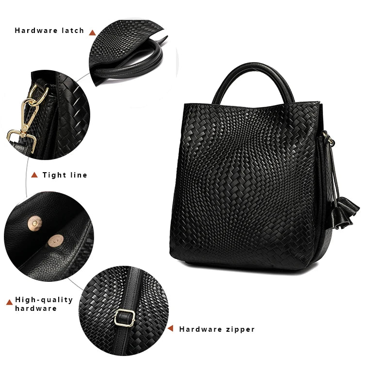 Woven Cowhide Tote Bag - Women's Luxury Commuter Shoulder Handbag Handbags The
