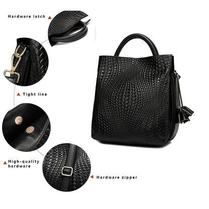 Woven Cowhide Tote Bag - Women's Luxury Commuter Shoulder Handbag Handbags The