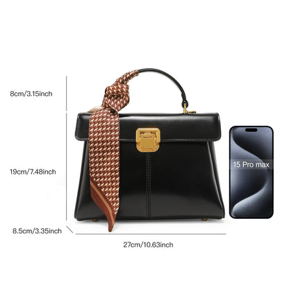 Scarf Accent Leather Handbag - Women's Structured Shoulder Bag for Commuting Handbags The