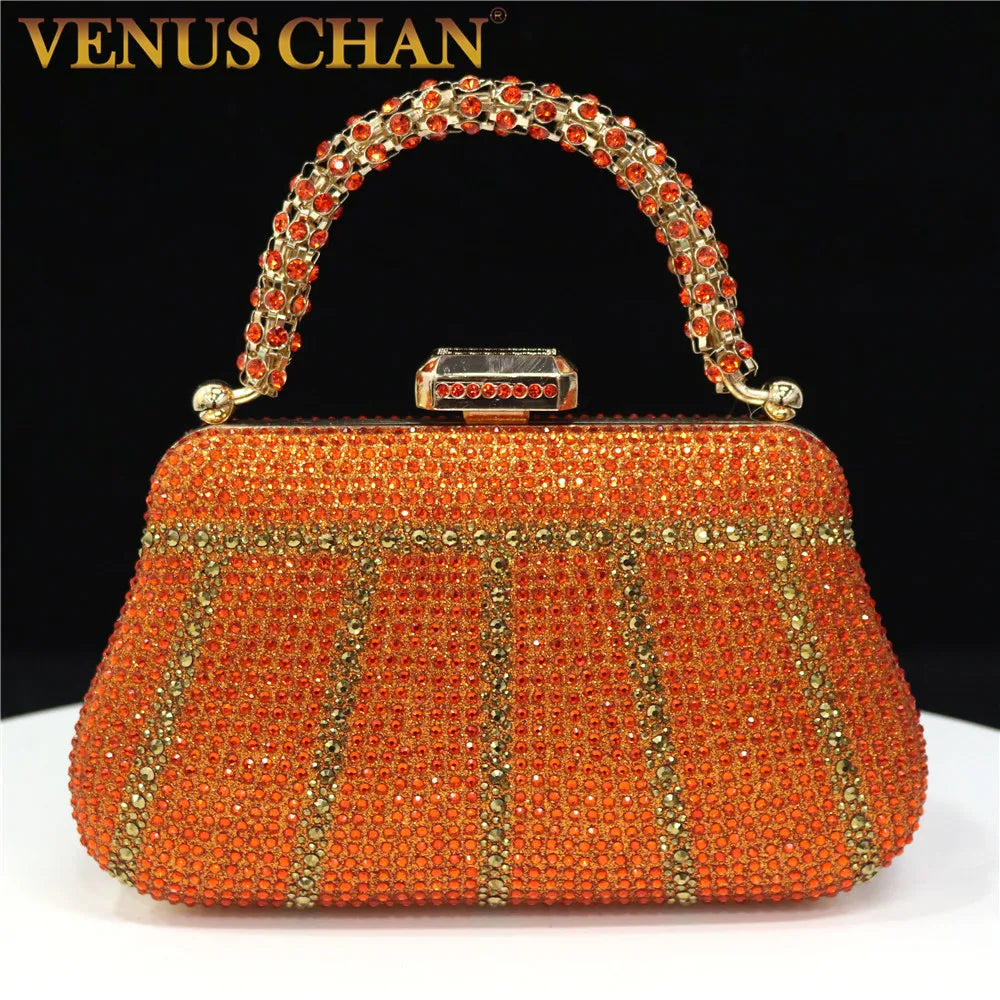 Diamond Minaudiere Clutch - Women's Rhinestone Evening Bag with Chain Strap Handbags The
