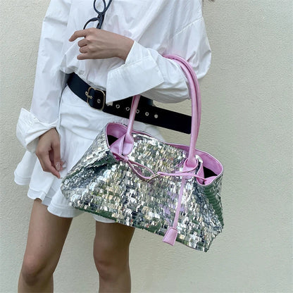 Sequined Underarm Evening Tote - Women's Shiny Party Shoulder Bag Handbags The