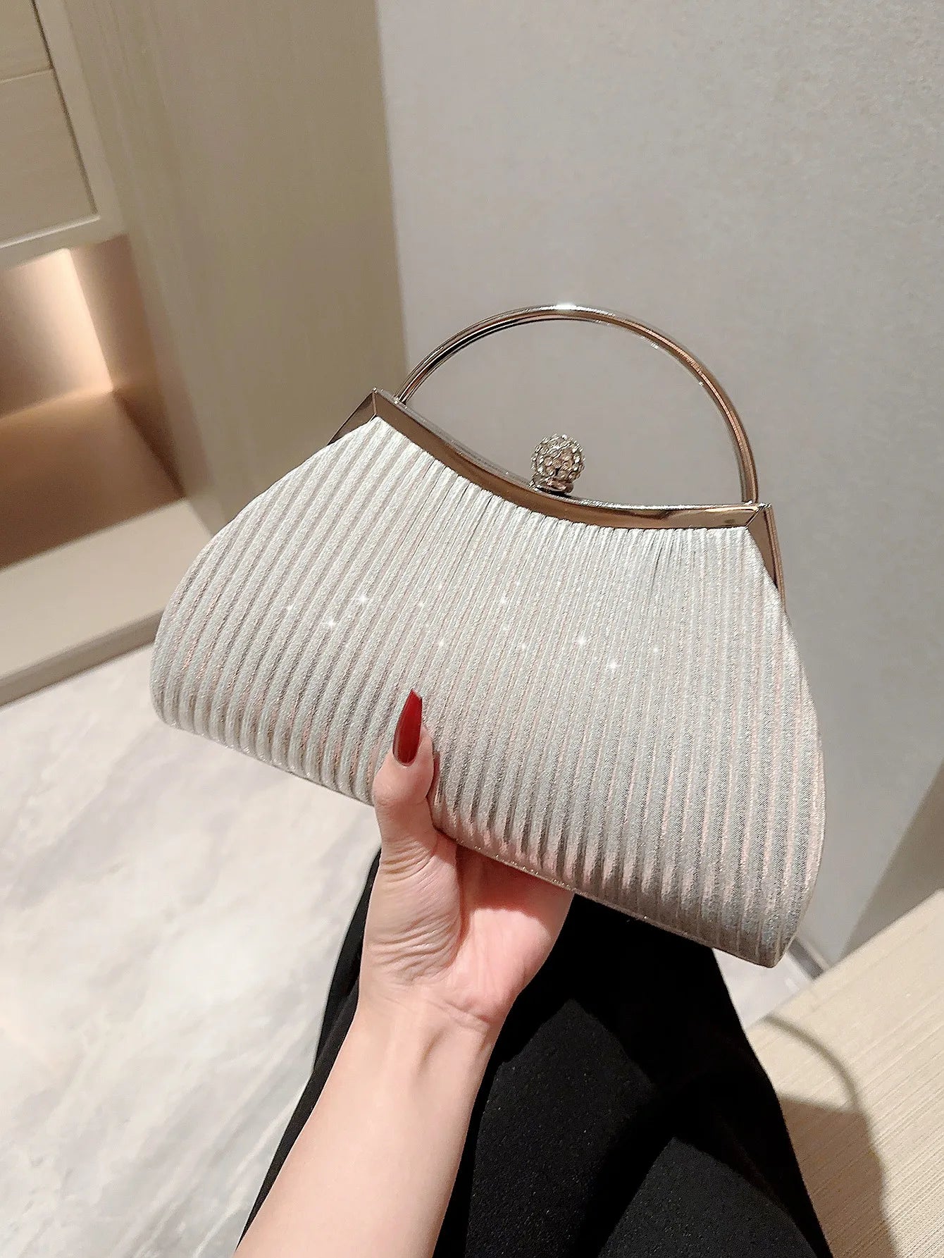 Pleated Rhinestone Evening Bag - Women's Handheld Clutch for Parties & Prom Handbags The