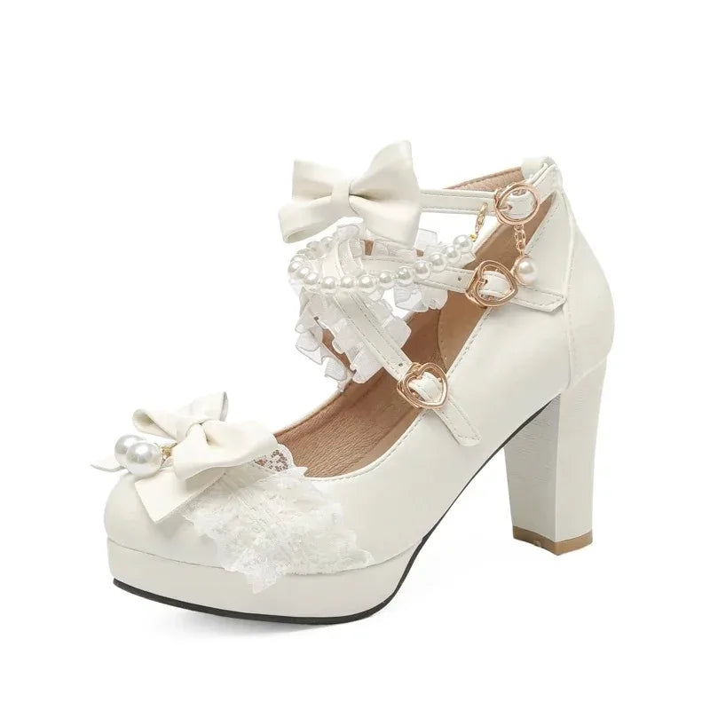 Lolita Bow Mary Jane Pump - Women's Wedding & Cosplay Heels featuring design with bows and pearls.