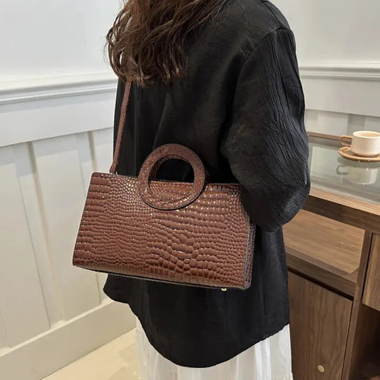 Crocodile-Pattern Square Satchel Bag - Women's PU Leather Shoulder & Messenger Handbag Handbags The