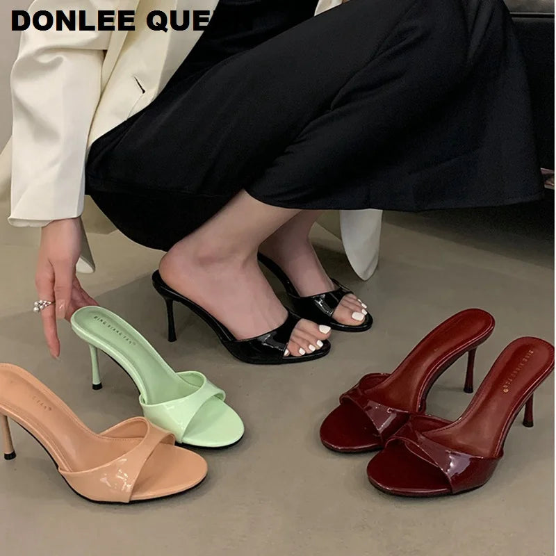 Patent Leather Open-Toe Mule Heels - Women's Slip-On Sandals for Summer Evenings Handbags The