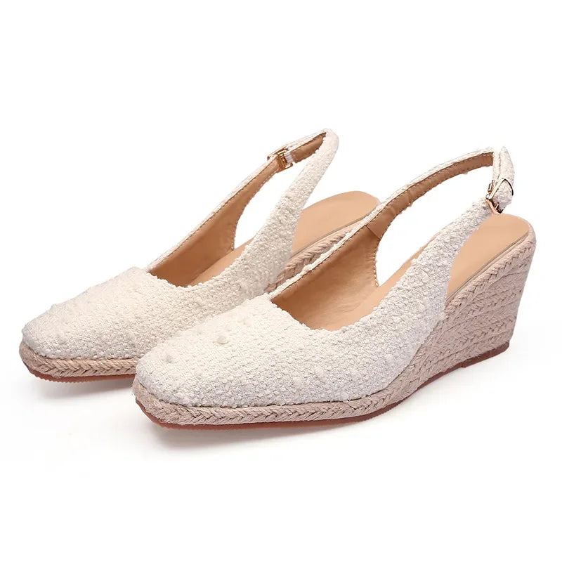 Square-Toe Espadrille Wedge Sandals - Women's Platform Heels in cream color with slingback design.