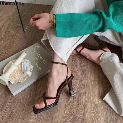 Square-Toe Ankle Strap Heeled Sandals - Women's 7CM Dress Shoes for Parties Handbags The