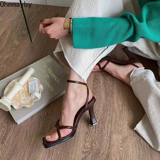 Square-Toe Ankle Strap Heeled Sandals - Women's 7CM Dress Shoes for Parties Handbags The