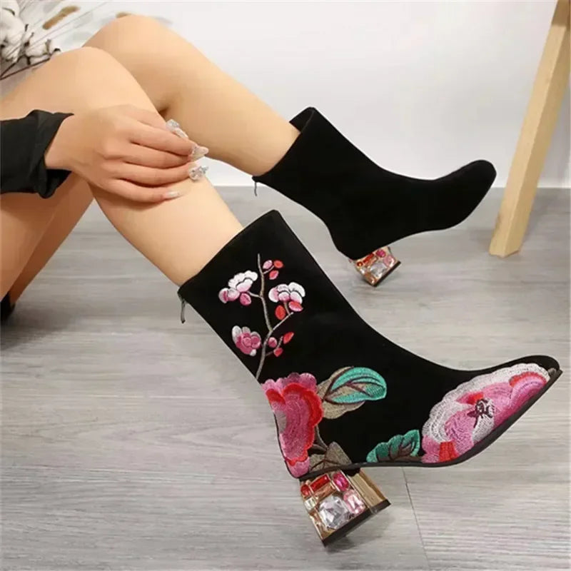 Floral Embroidered Ankle Boots - Women's Rhinestone Winter Block Heels Handbags The