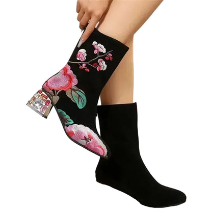 Floral Embroidered Ankle Boots - Women's Rhinestone Winter Block Heels Handbags The