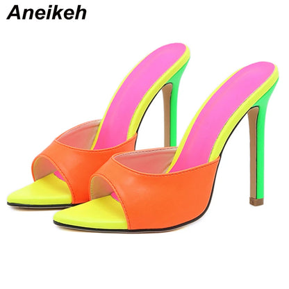 Pointed-Toe Mule Heels - Women's High Heel Party Sandals showcasing a vibrant neon design and high stiletto heel.