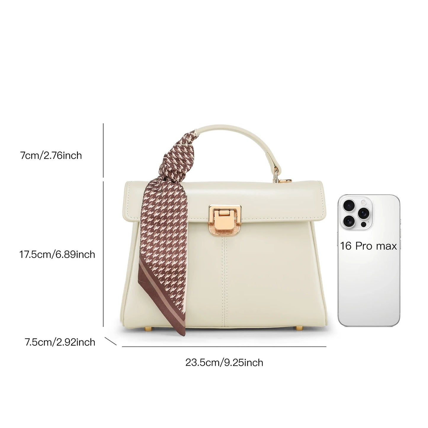 Scarf Accent Leather Handbag - Women's Structured Shoulder Bag for Commuting Handbags The