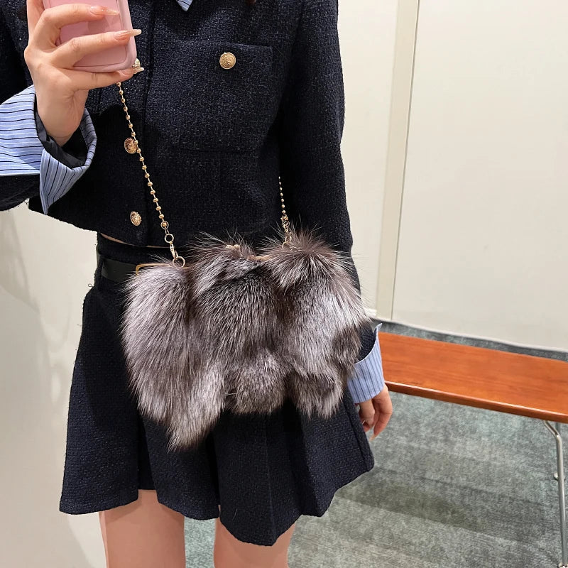 Plush Faux Fur Evening Bag - Women's Chain Crossbody Dinner Clutch Handbags The