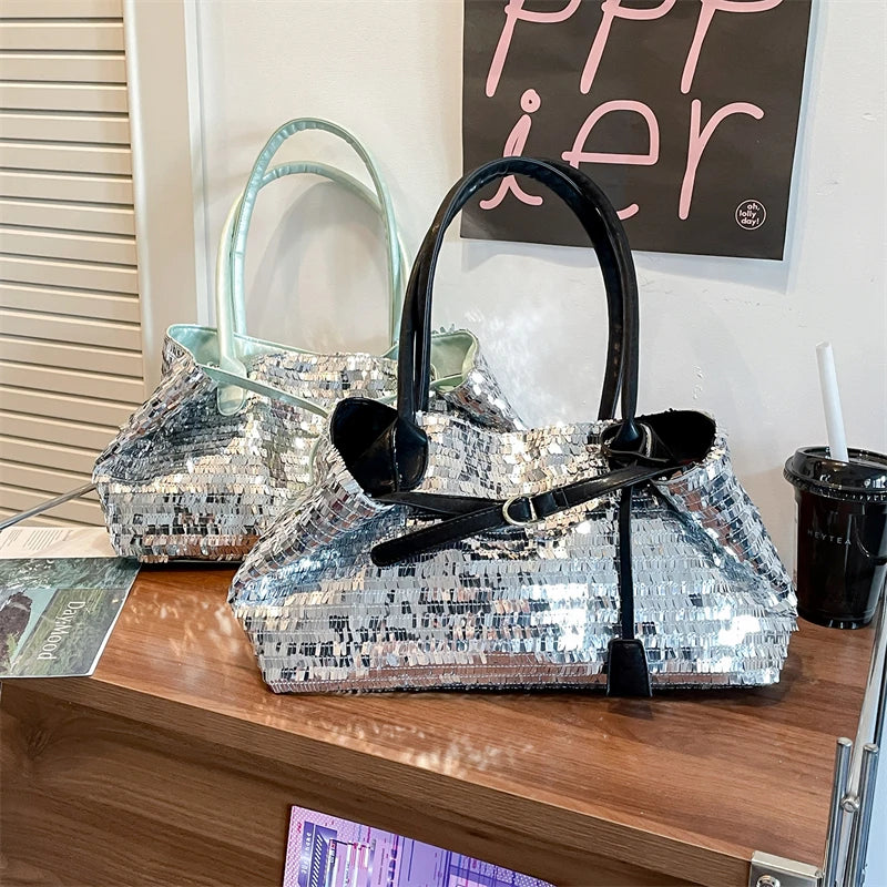 Sequined Underarm Evening Tote - Women's Shiny Party Shoulder Bag Handbags The