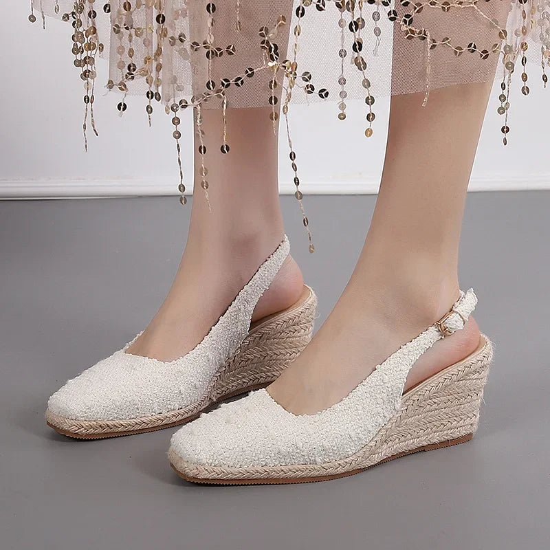 Square-Toe Espadrille Wedge Sandals - Women's Platform Heels in cream color with slingback design.