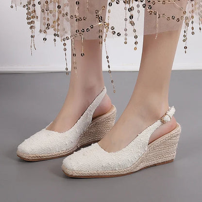 Square-Toe Espadrille Wedge Sandals - Women's Platform Heels in cream color with slingback design.