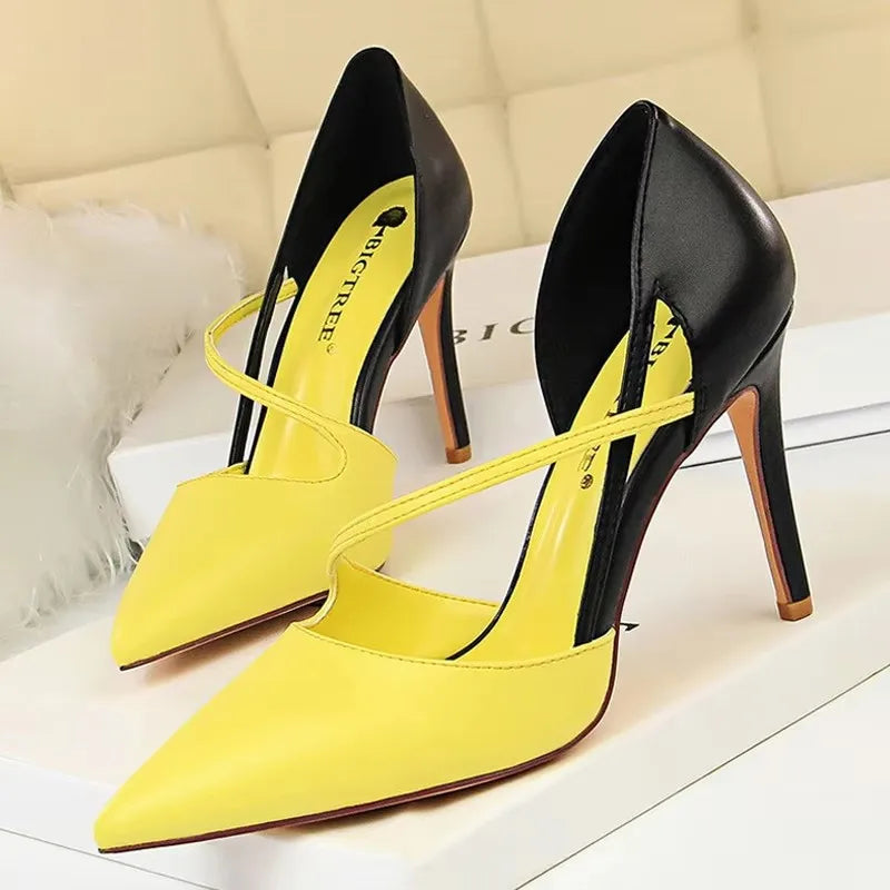 Pointed-Toe 9.5CM Stiletto Pumps - Women's Fashion Dress Heels in black and yellow colors.