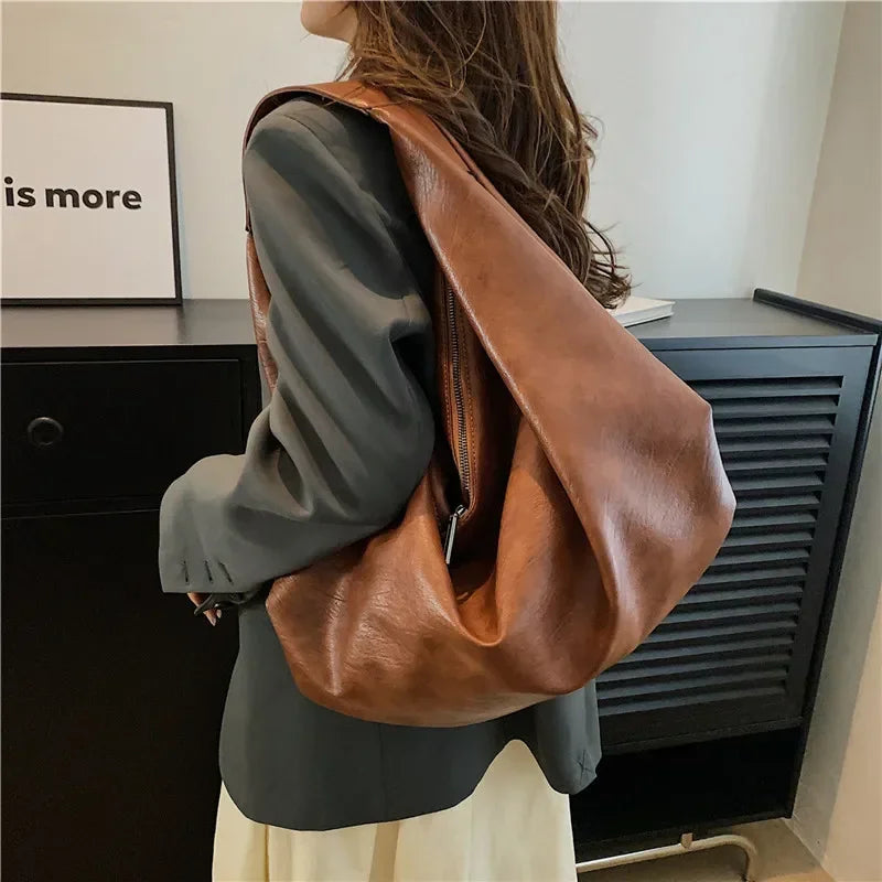 Oversized Hobo Shopper Bag - Women's Soft PU Leather Shoulder & Crossbody Tote Handbags The