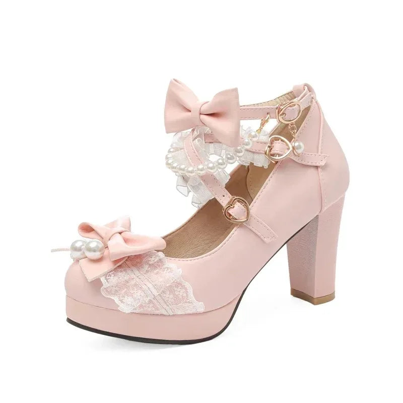 Lolita Bow Mary Jane Pump - Women's Wedding & Cosplay Heels featuring design with bows and pearls.