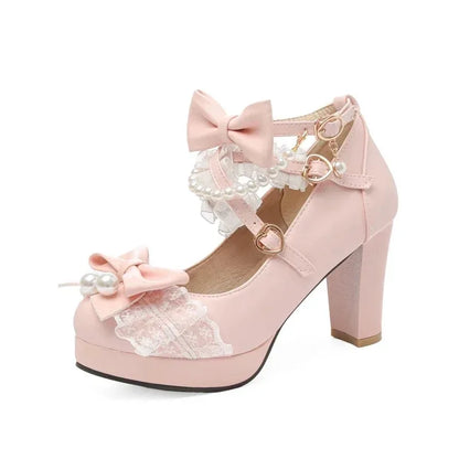 Lolita Bow Mary Jane Pump - Women's Wedding & Cosplay Heels featuring design with bows and pearls.