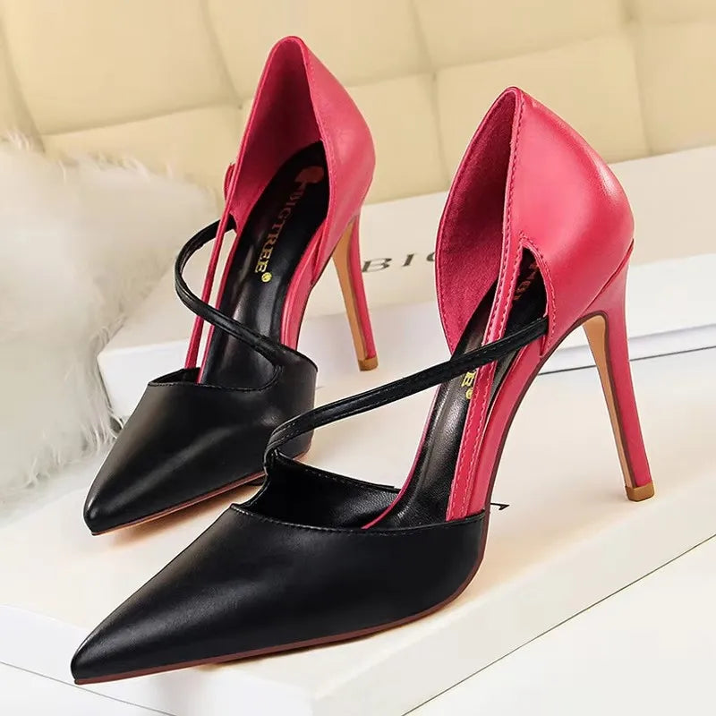 Pointed-Toe 9.5CM Stiletto Pumps - Women's Fashion Dress Heels in black and red colors.