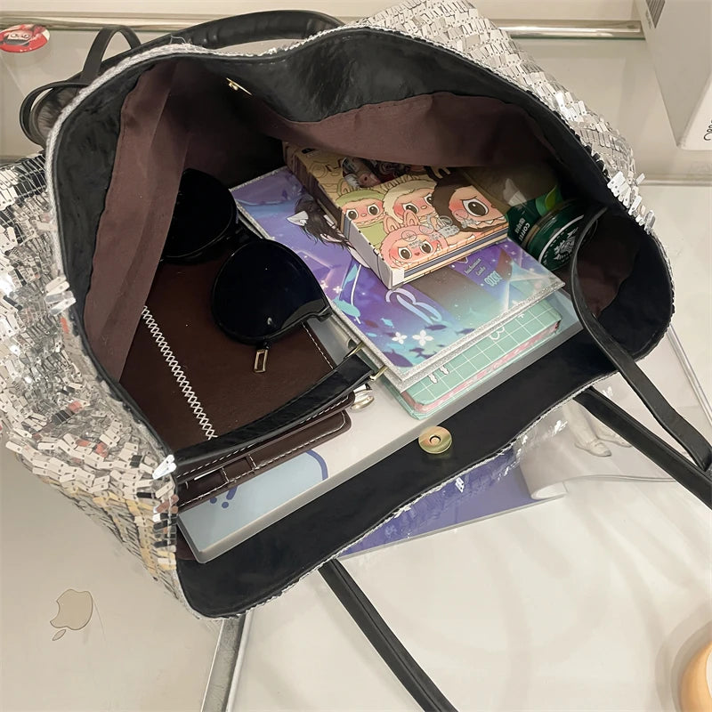 Sequined Underarm Evening Tote - Women's Shiny Party Shoulder Bag Handbags The