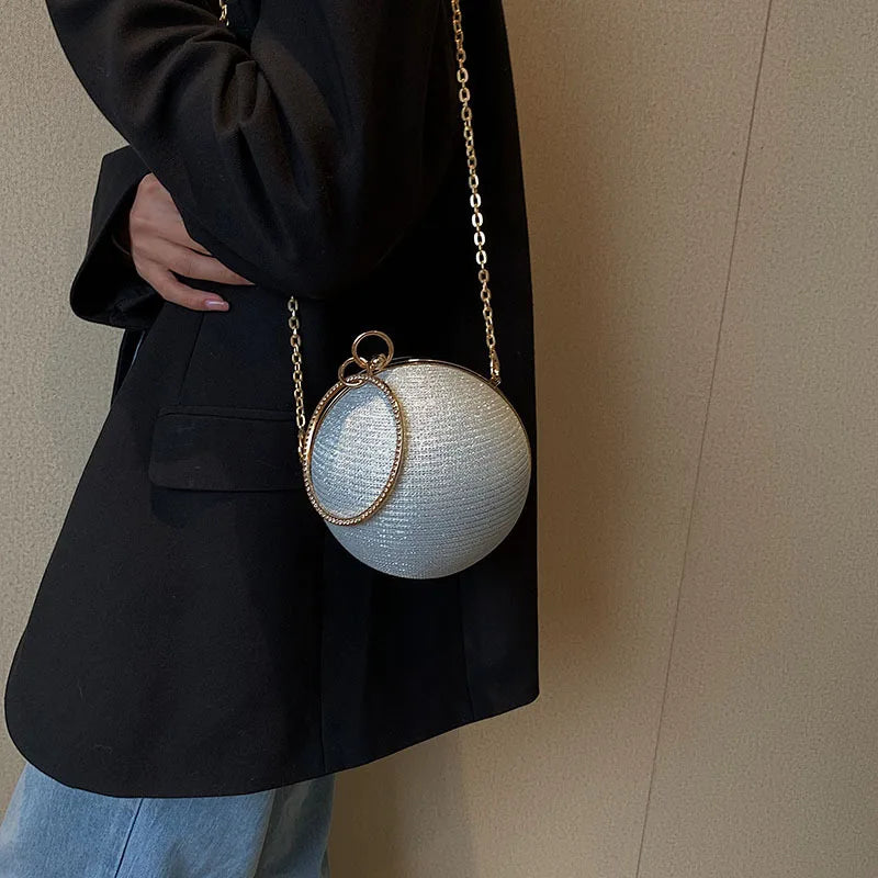 Metallic Round Evening Bag - Women's Ring Handle Wedding Clutch Handbags The