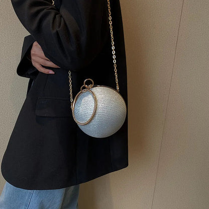 Metallic Round Evening Bag - Women's Ring Handle Wedding Clutch Handbags The