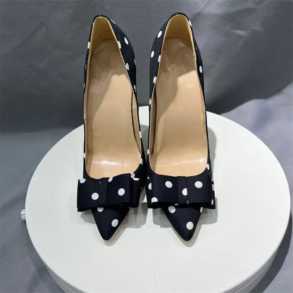 Polka Dot Satin Bow Pumps - Women's Pointed-Toe Designer Heels Handbags The