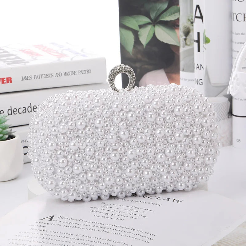 Pearl Ring Beaded Evening Bag - Women's Bridal Dinner Clutch Handbags The