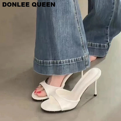 Patent Leather Open-Toe Mule Heels - Women's Slip-On Sandals for Summer Evenings Handbags The