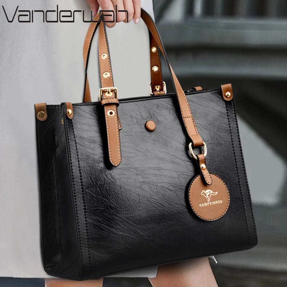 Triple-Compartment Tote Bag - Women's Vintage Leather Carryall for Daily Use Handbags The