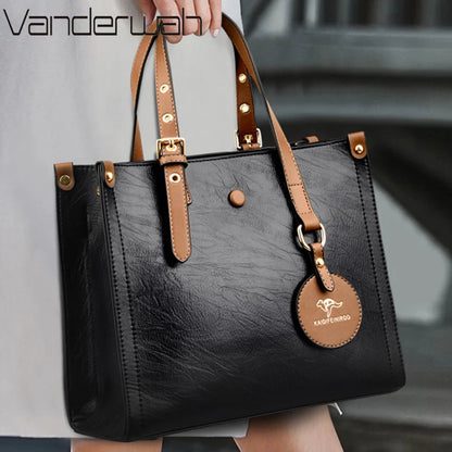 Triple-Compartment Tote Bag - Women's Vintage Leather Carryall for Daily Use Handbags The
