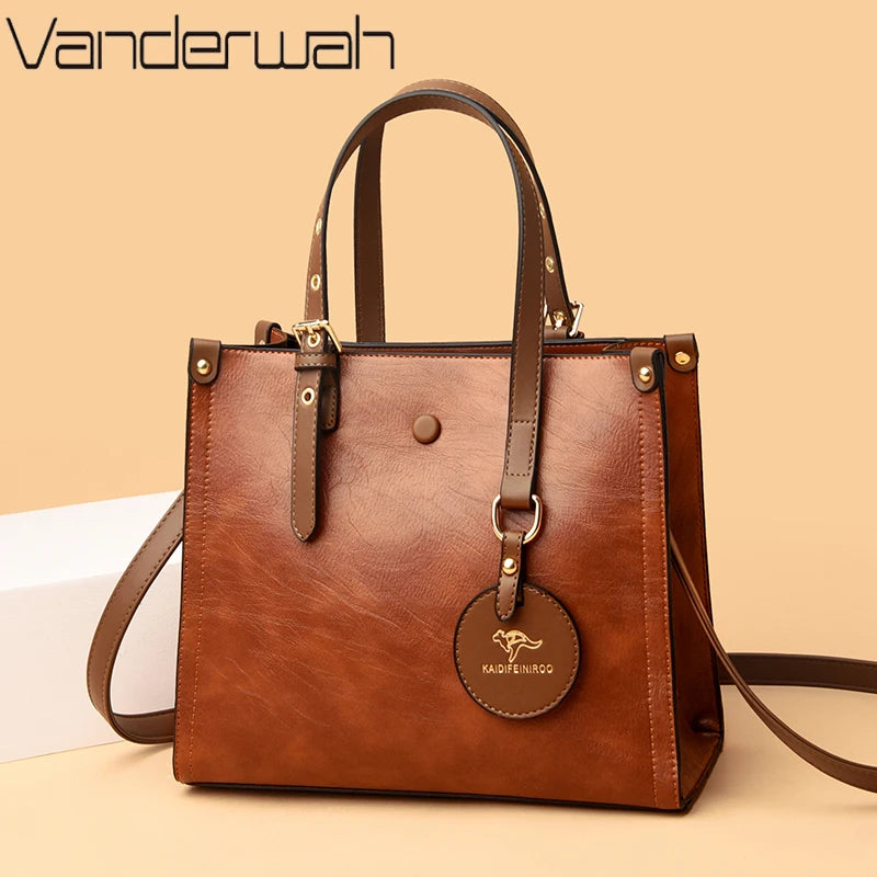 Triple-Compartment Tote Bag - Women's Vintage Leather Carryall for Daily Use Handbags The
