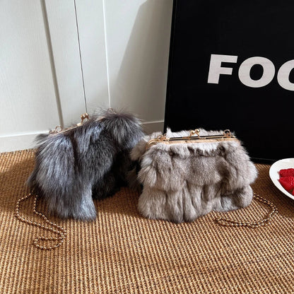 Plush Faux Fur Evening Bag - Women's Chain Crossbody Dinner Clutch Handbags The
