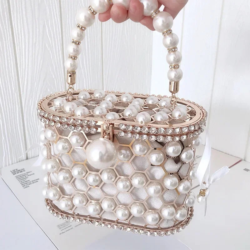 Pearl Accent Evening Clutch - Women's Elegant Handbag for Weddings & Parties Handbags The