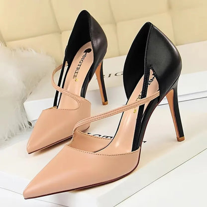 Pointed-Toe 9.5CM Stiletto Pumps - Women's Fashion Dress Heels in black and nude colors.