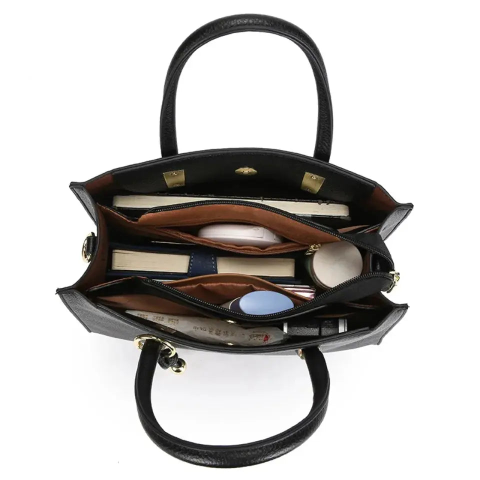 Large-Capacity Triple-Compartment Tote - Women's Synthetic Leather Shoulder & Crossbody Bag Handbags The