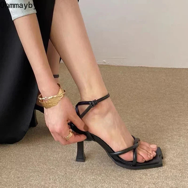 Square-Toe Ankle Strap Heeled Sandals - Women's 7CM Dress Shoes for Parties Handbags The