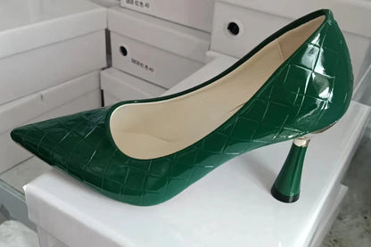 Plaid Pointed-Toe Pumps - Women's Embossed Autumn Dress Heels Handbags The