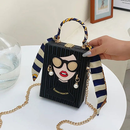 Structured Box Evening Bag - Women's Hard-Shell Party Purse with Chain Strap Handbags The