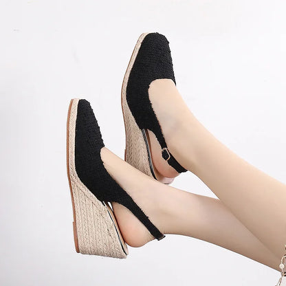 Square-Toe Espadrille Wedge Sandals - Women's Platform Heels in cream color with slingback design.