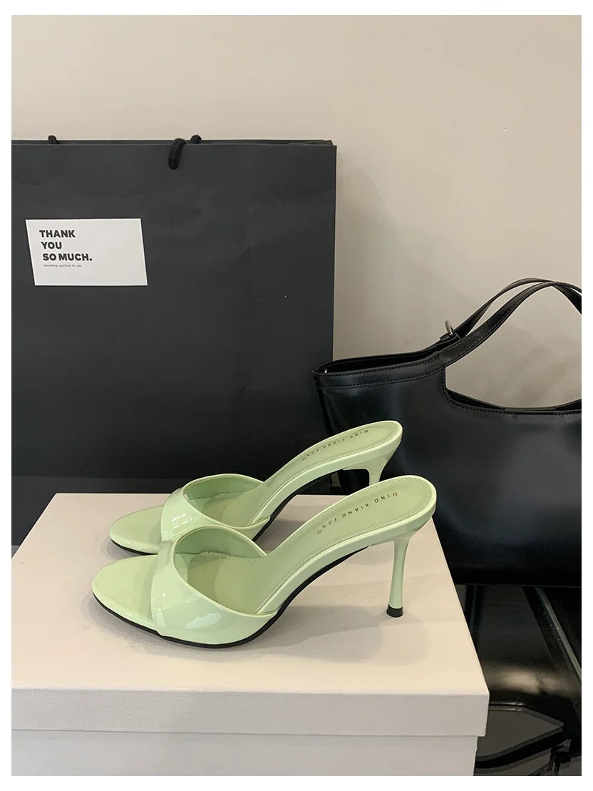 Patent Leather Open-Toe Mule Heels - Women's Slip-On Sandals for Summer Evenings Handbags The