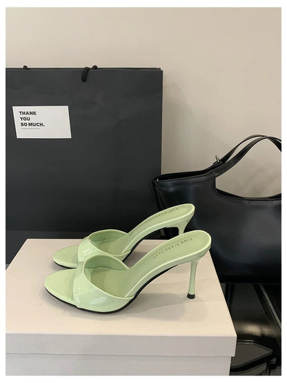 Patent Leather Open-Toe Mule Heels - Women's Slip-On Sandals for Summer Evenings Handbags The