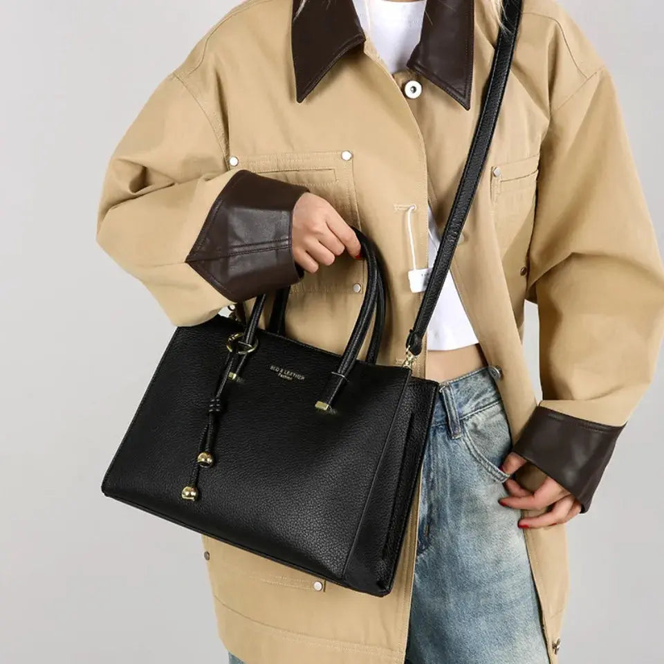 Large-Capacity Triple-Compartment Tote - Women's Synthetic Leather Shoulder & Crossbody Bag Handbags The