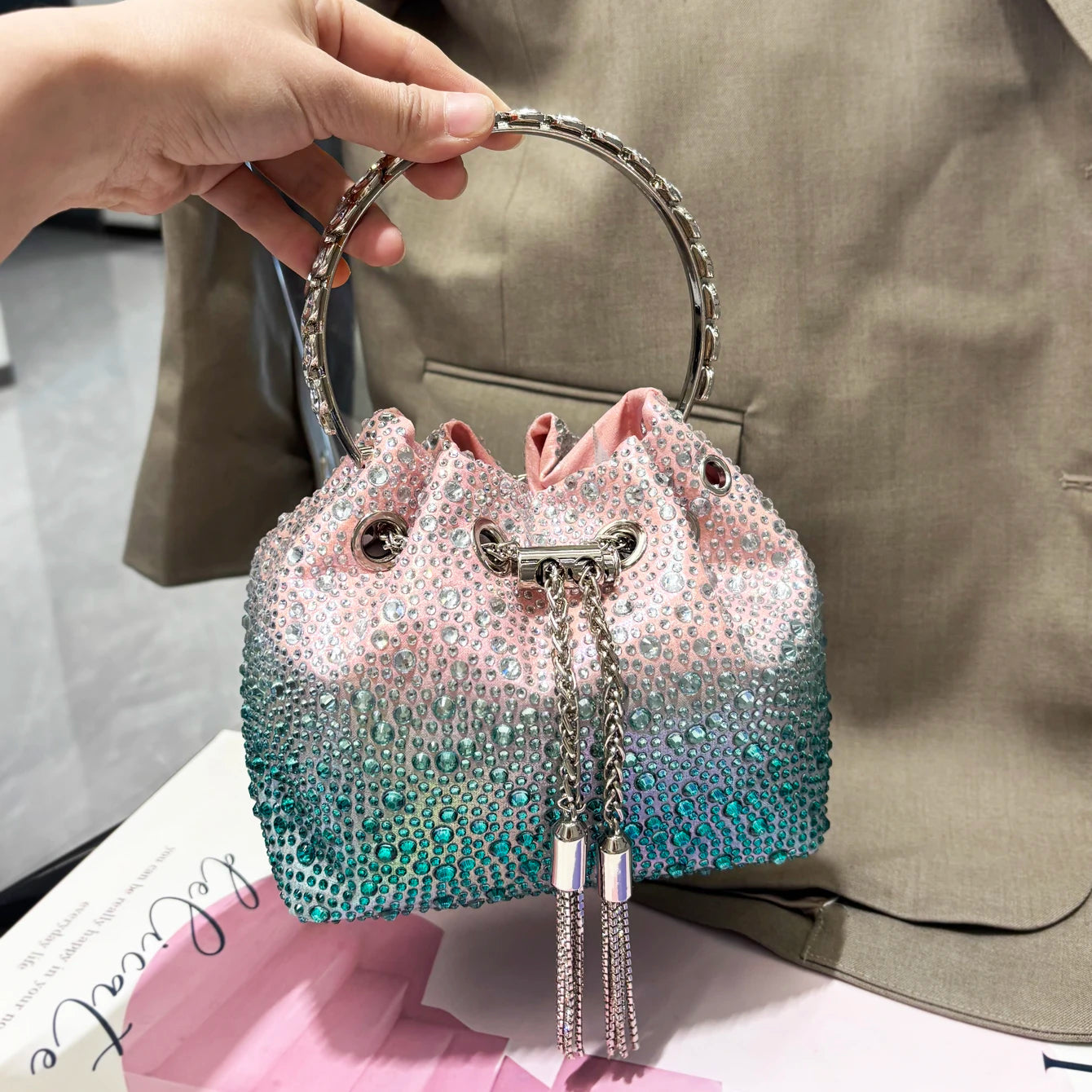 Crystal Bucket Clutch - Women's Shiny Evening Bag for Parties & Special Events Handbags The