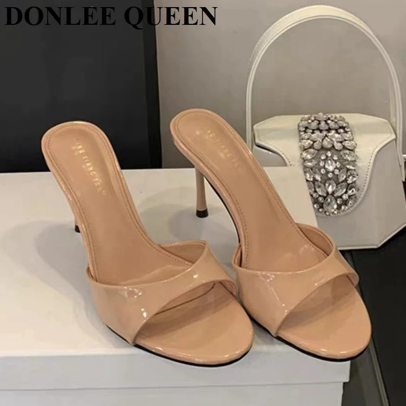 Patent Leather Open-Toe Mule Heels - Women's Slip-On Sandals for Summer Evenings Handbags The